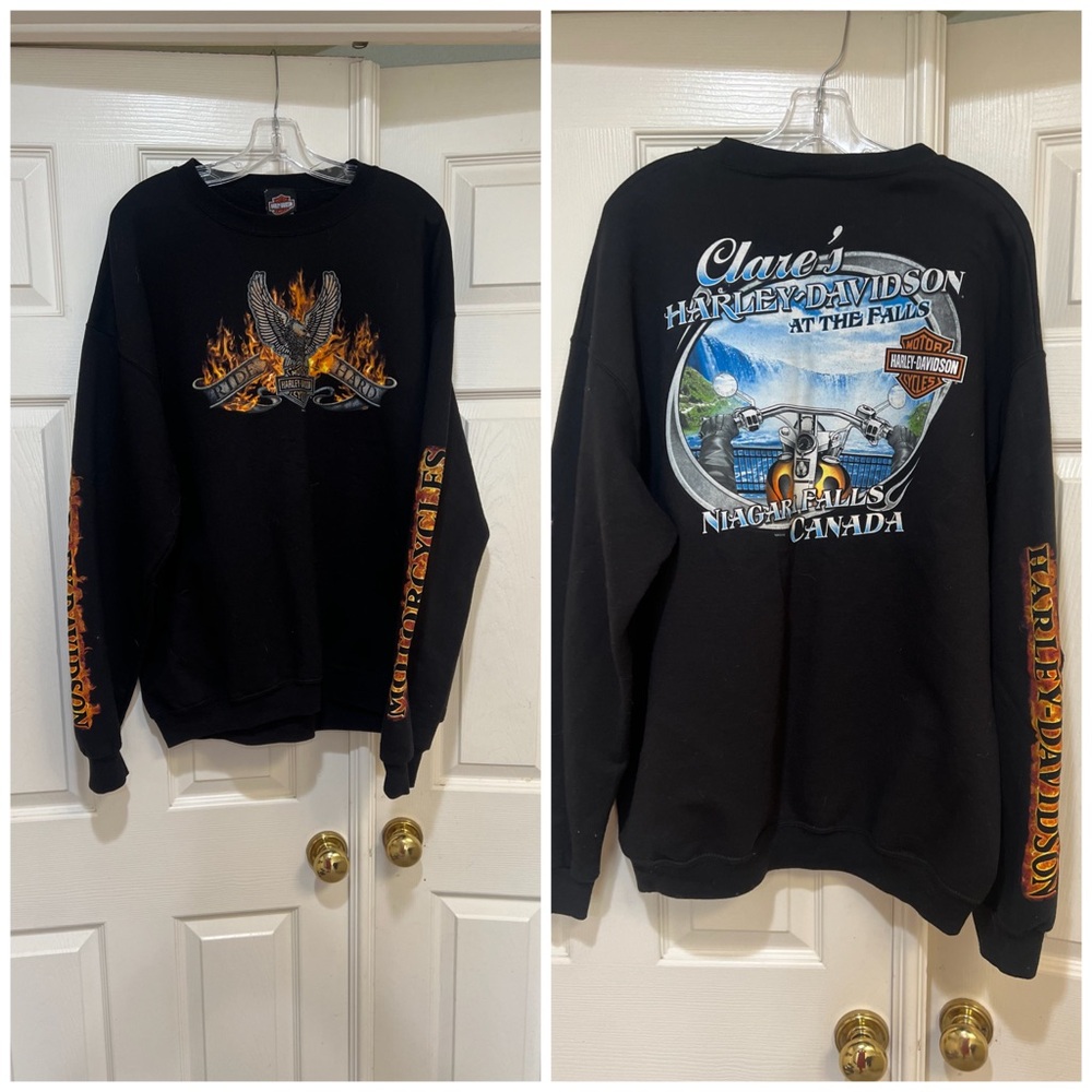 Harley Davidson Clares Niagara Falls Black fleece sweater flames rare Sz Medium